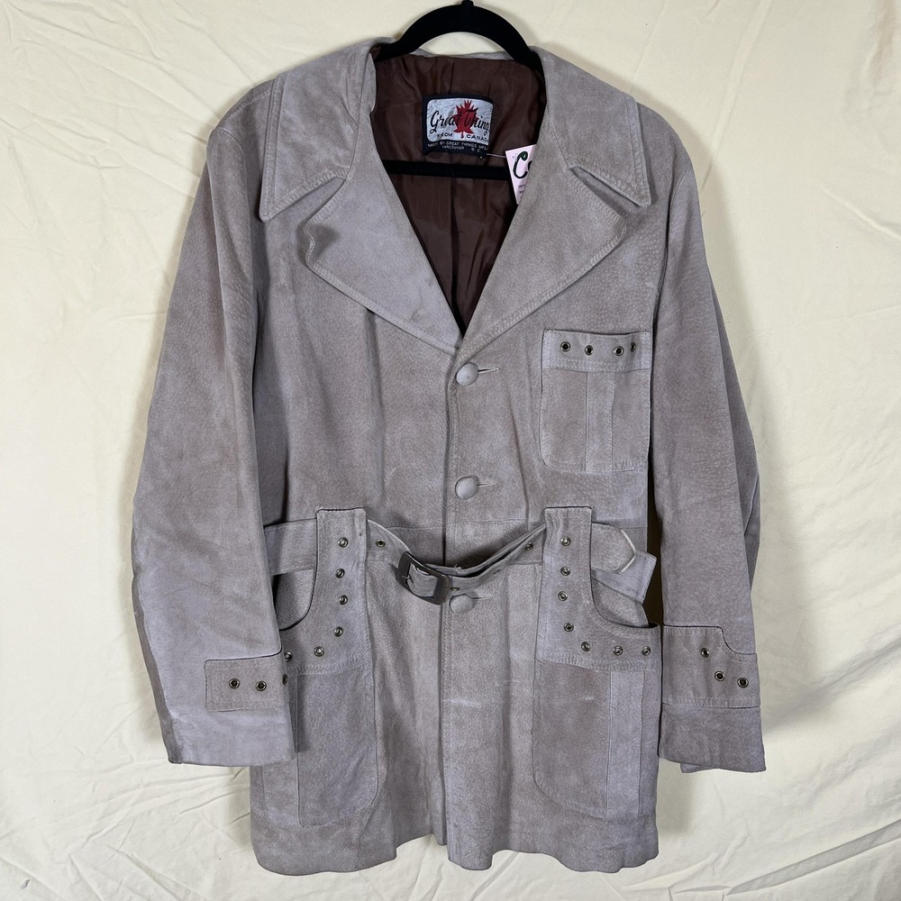Vintage Great Things Coat 42 Beige Suede Leather Belted Trench 70s Canada